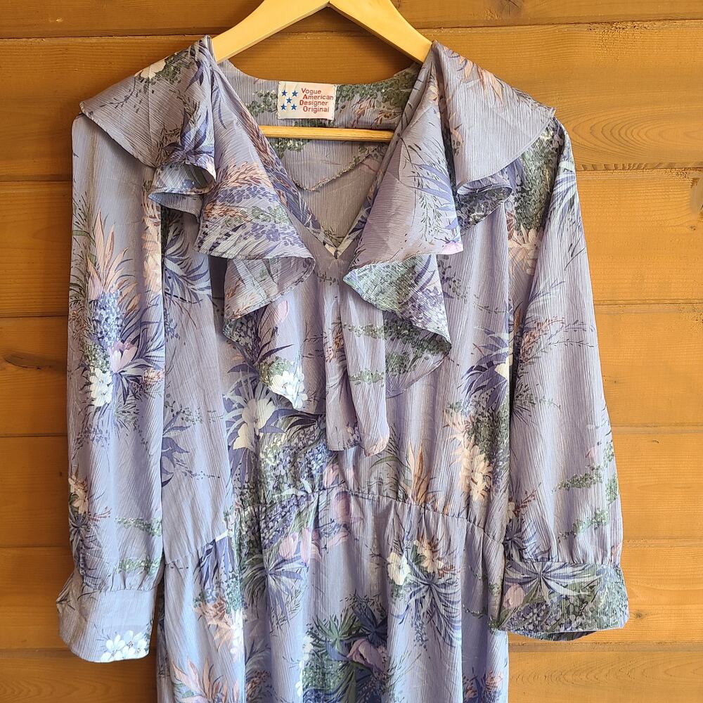 Vintage 70's Vogue Prairie Dress Midi Ruffled Watercolor Floral Cottagecore Boho - Picture 2 of 7